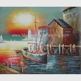 Van het de Botenolieverfschilderij van zonsopgangsenery Oranje de Zeilbootcanvas Art For Parlour